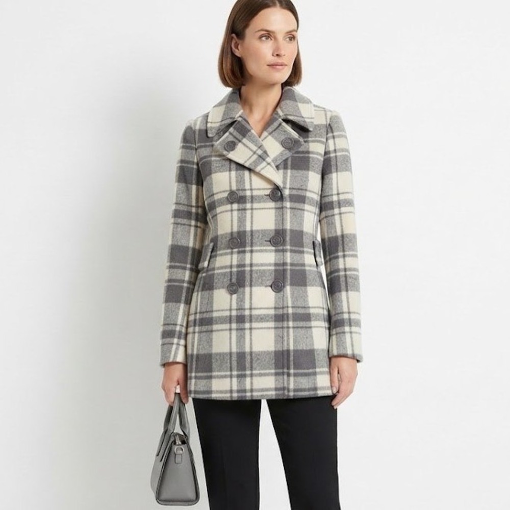 Joujou Womens Grey White Plaid Double Breasted Pea Coat Jacket Large